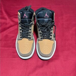 Nike High-Top Sneakers in Tan and Black with Pink Jumpman